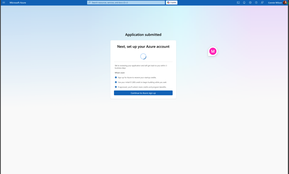 Žádost byla odeslána: Dále si nastavte účet Azure pomocí tlačítka „Pokračovat k registraci do Azure“.