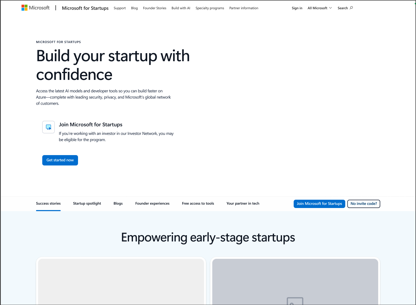 Cílová stránka Microsoft for Startups s výzvou k akci „Začněte hned“.