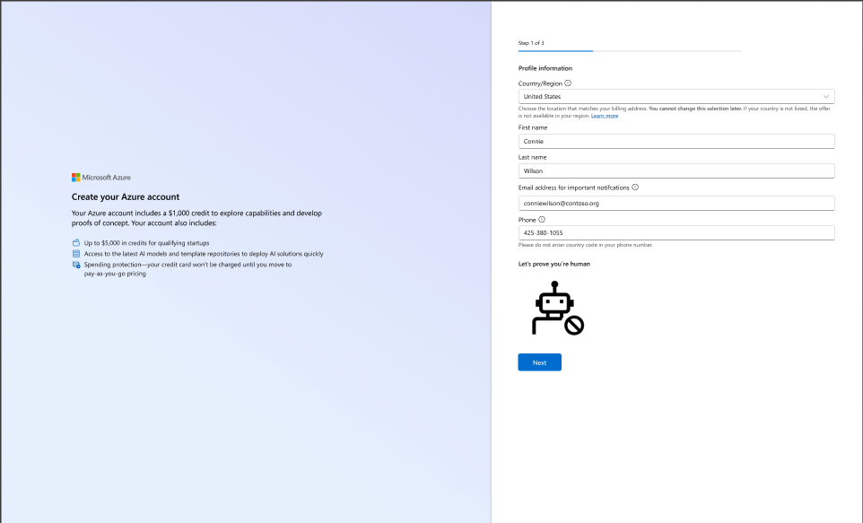 Krok 1 z 3: Vytvořte informace o profilu účtu Azure.