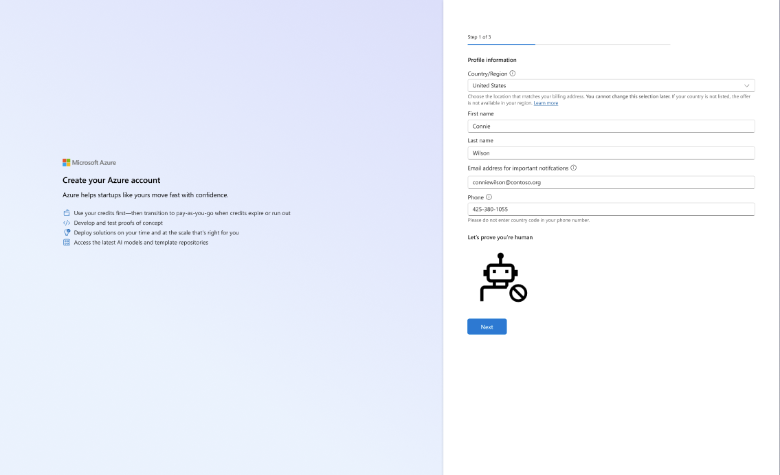 Krok 1 z 3: Vytvořte informace o profilu účtu Azure.