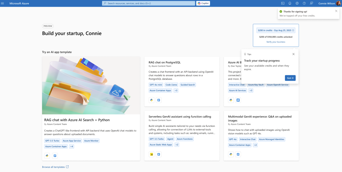 Vytvořte si řídicí panel pro svůj startup s potvrzením, které odemkne kredit ve výši 200 USD do Azure.