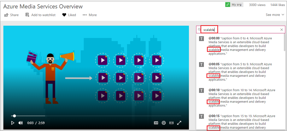 Snímek obrazovky ukazuje ukázkové výsledky hledání pro jedno video.