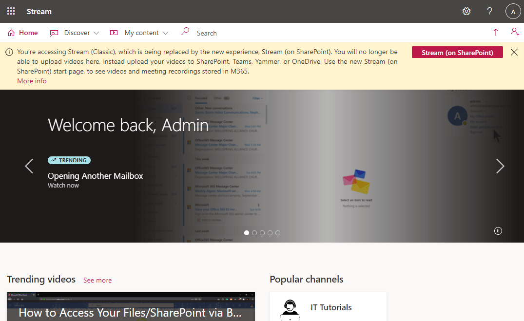 Stream (Classic) domovskou stránku s vlastní zprávou ve žlutém banneru nahoře s tlačítkem, které se otevře Microsoft Stream (na SharePointu)