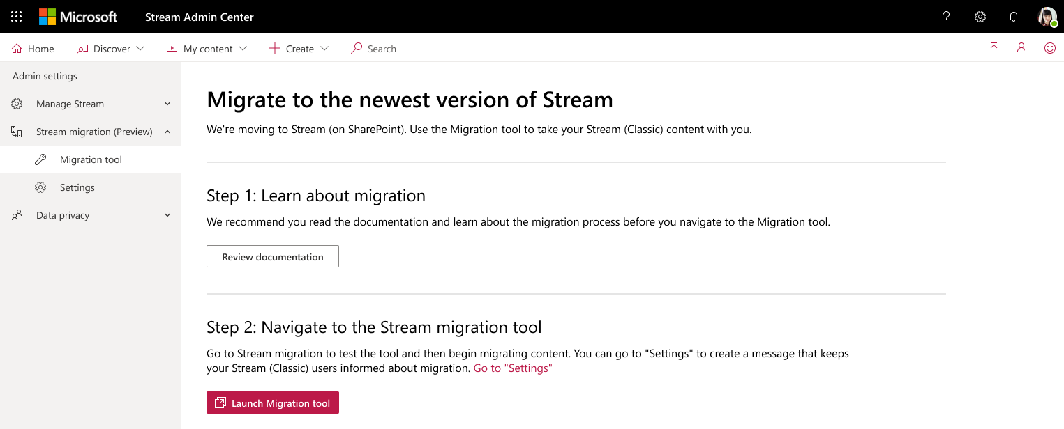 Stránka nástroje pro migraci Stream centru pro správu