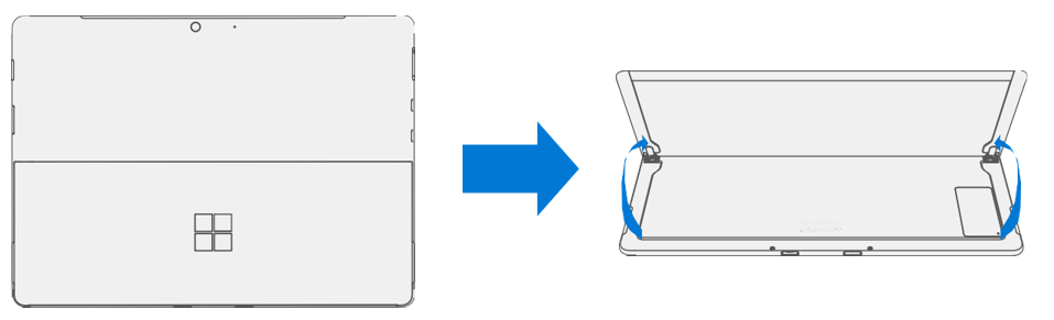 Photo that shows the kickstand extended to approximately 90 degrees with the device face down on a soft mat.