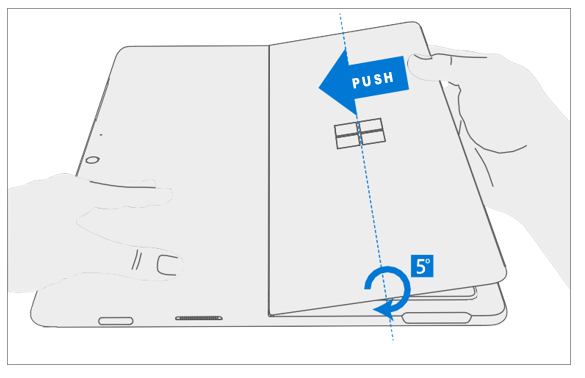 Diagram that shows rotating the kickstand to catch the outer lip of each hinge before seating.