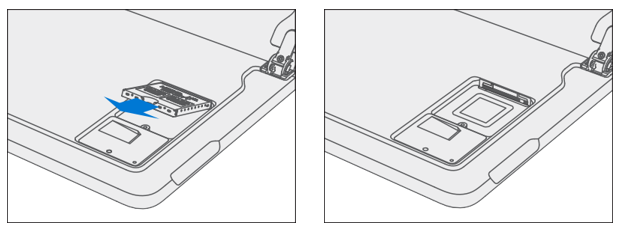 Photo that shows lifting the rSSD to a ~15-degree angle prior to pulling it from the main board socket.
