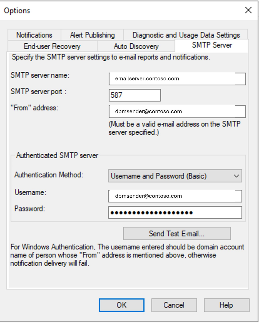 Snímek obrazovky s novou kartou serveru SMTP