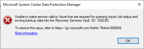 Snímek obrazovky s chybovou obrazovkou pro agenta služby Azure Recovery Services