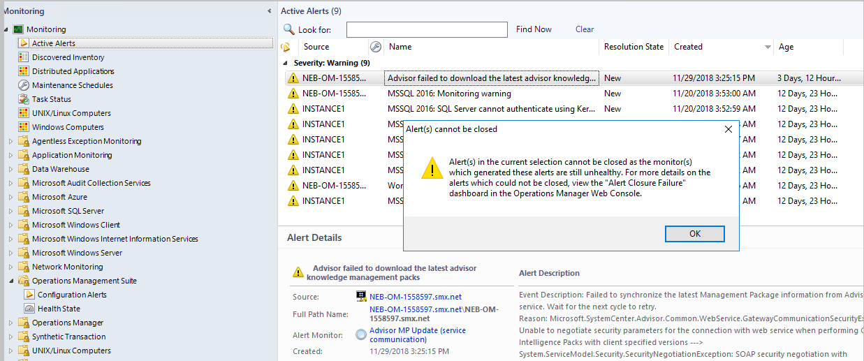 Snímek obrazovky s konzolou operací se zavřenou zprávou upozornění