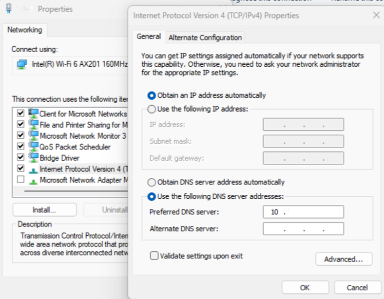 Snímek obrazovky znázorňující IP adresu serveru DNS