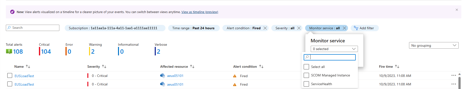 Snímek obrazovky s filtrem služby Monitorování