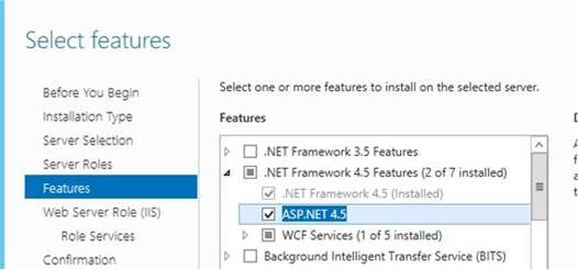 Snímek obrazovky znázorňující výběr ASP.NET 4.5