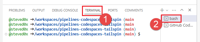 Snímek obrazovky okna terminálu v online editoru Visual Studio Code 