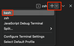 Snímek obrazovky s výběrem prostředí Bash v editoru Visual Studio Code