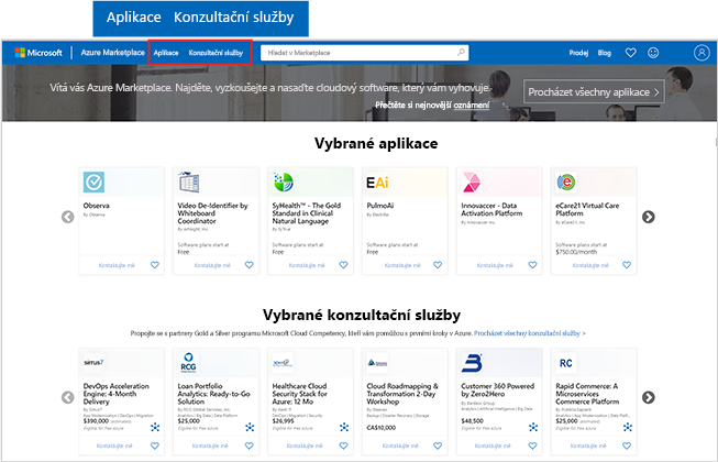 Snímek obrazovky domovské stránky Azure Marketplace s důrazem na tlačítka aplikací a konzultačních služeb