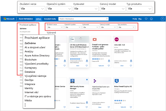 Snímek obrazovky s cílovou stránkou aplikací Azure Marketplace s důrazem na kategorie aplikací a filtry