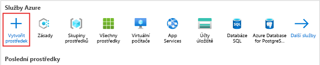 Snímek obrazovky domovské stránky webu Azure Portal se zvýrazněným tlačítkem Vytvořit prostředek