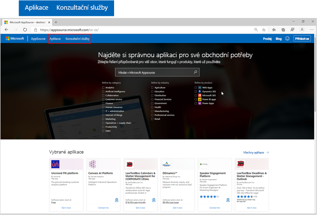 Snímek obrazovky domovské stránky Microsoft AppSource s důrazem na tlačítka aplikací a konzultačních služeb