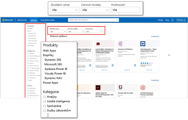 Snímek obrazovky s cílovou stránkou aplikací Microsoft AppSource s důrazem na kategorie aplikací a filtry