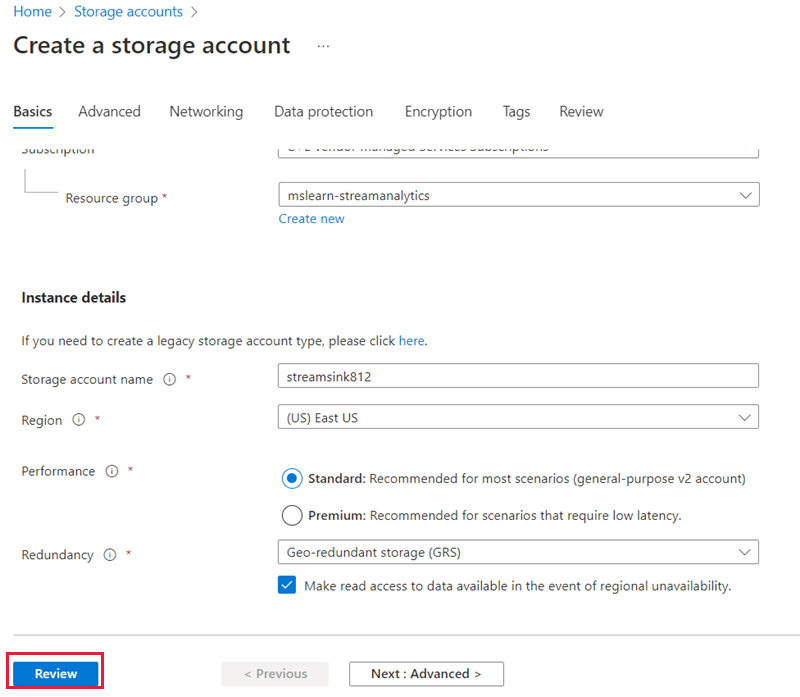 Screenshot that shows how to add the storage account name streamsink.