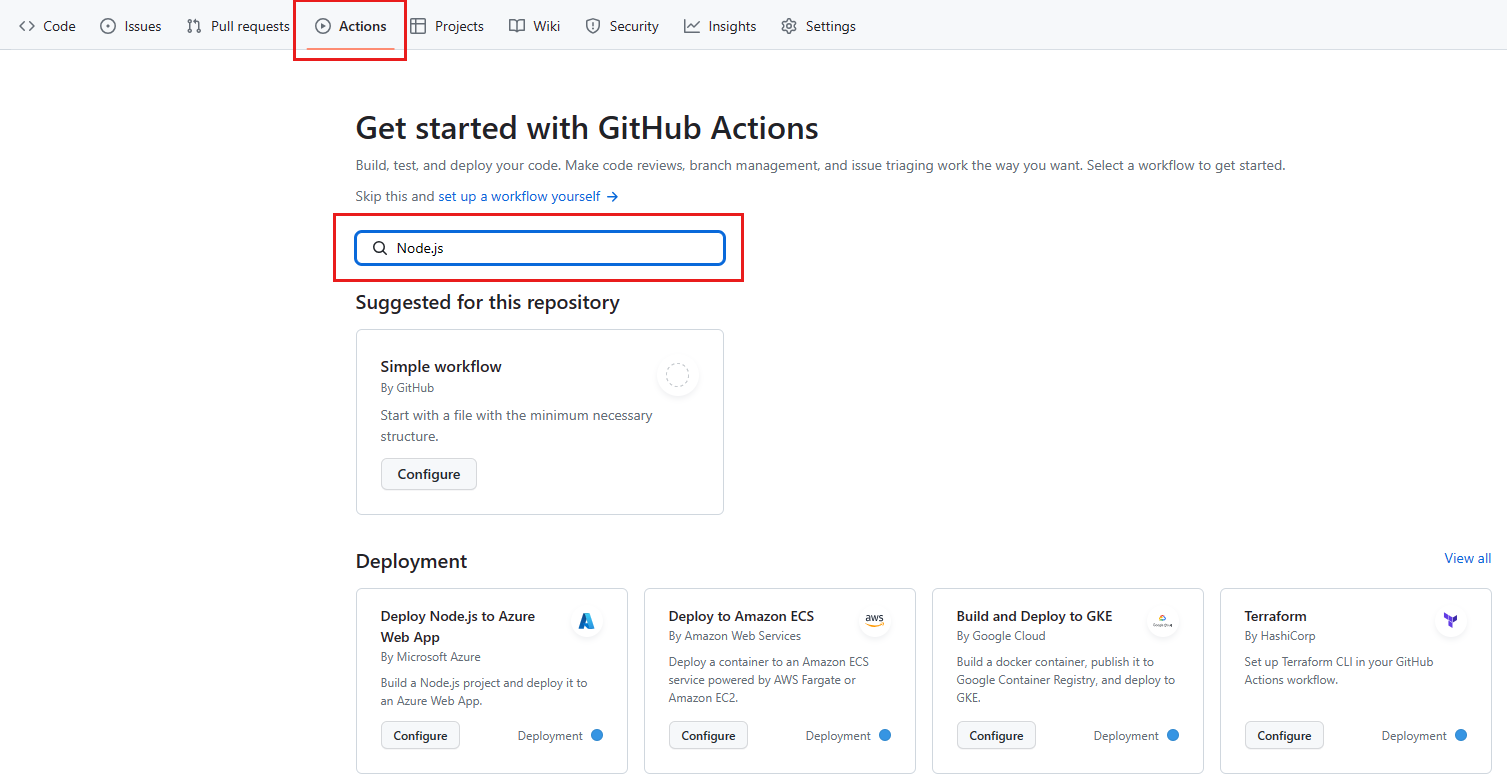 Snímek obrazovky znázorňující kartu GitHub Actions se zvýrazněným vyhledávacím polem a textem Node.js