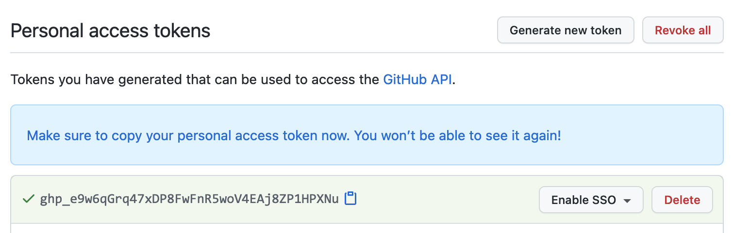 Snímek obrazovky s osobním přístupovým tokenem
