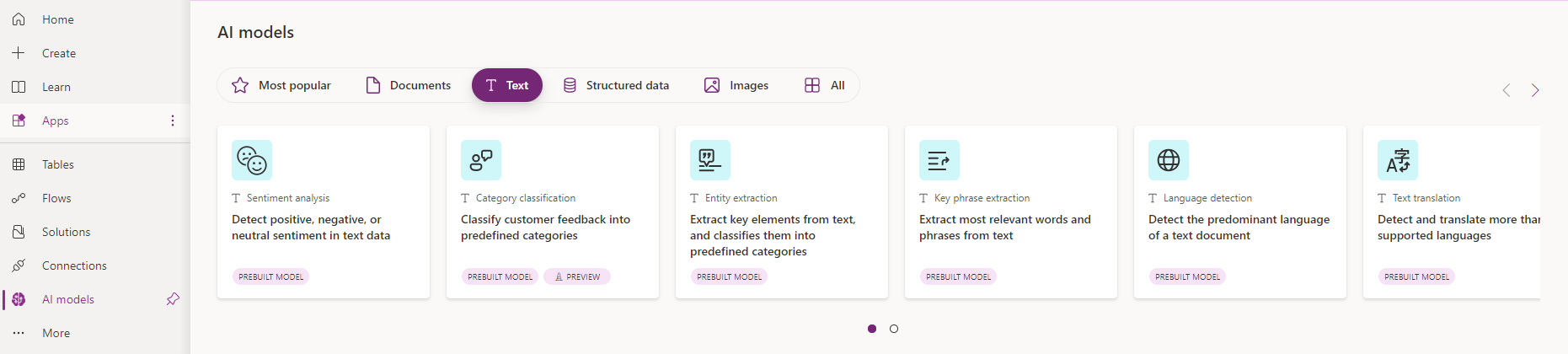 Screenshot of the Power Apps Studio, displaying the Category Classification model tile and AI Builder navigation menu.