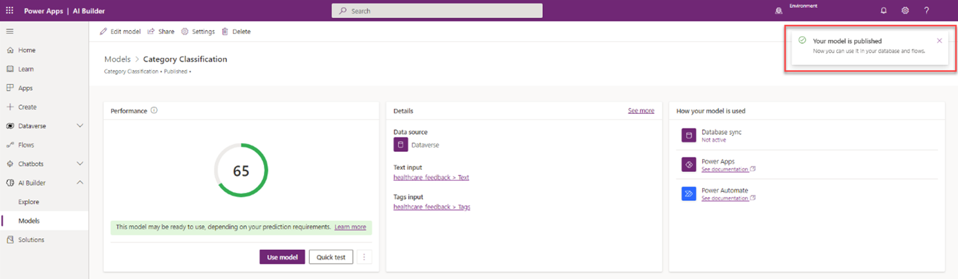 Screenshot of the Category Classification model in Power Apps Studio with the performance indicator and a highlight on the notification message indicating that the model is published.
