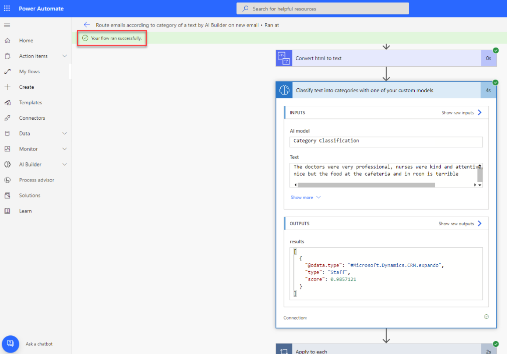 Screenshot of the selected flow in Power Automate Studio with a highlight on Your flow ran successfully notification message.