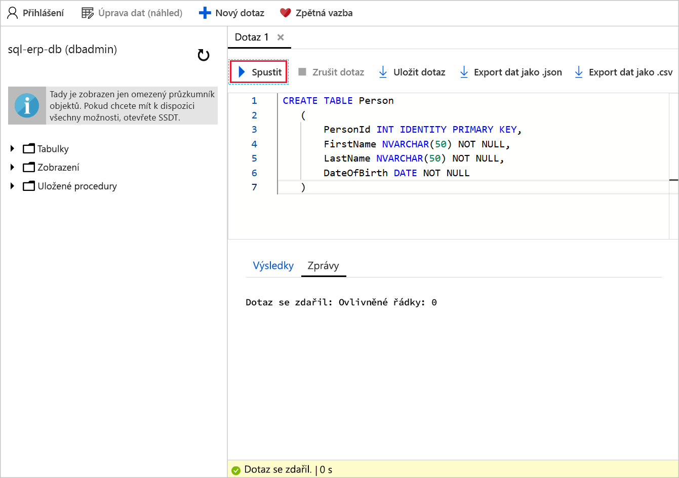 Screenshot of the query editor with T-SQL to create a new table in the sql-erp-db database. A callout highlights the run button.