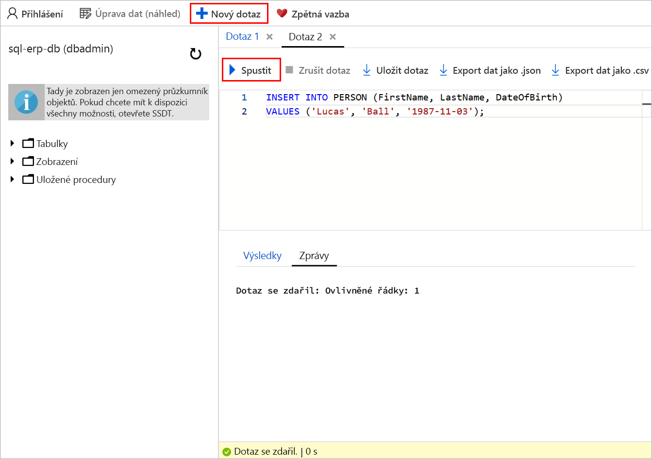 Screenshot of the query editor with T-SQL to insert a record into the Person table of the sql-erp-db database. A callout highlights the run button.