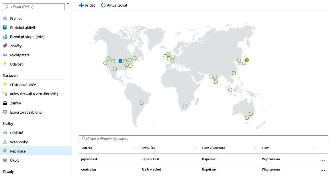 Screenshot of Azure container registry world map showing replicated and available locations.