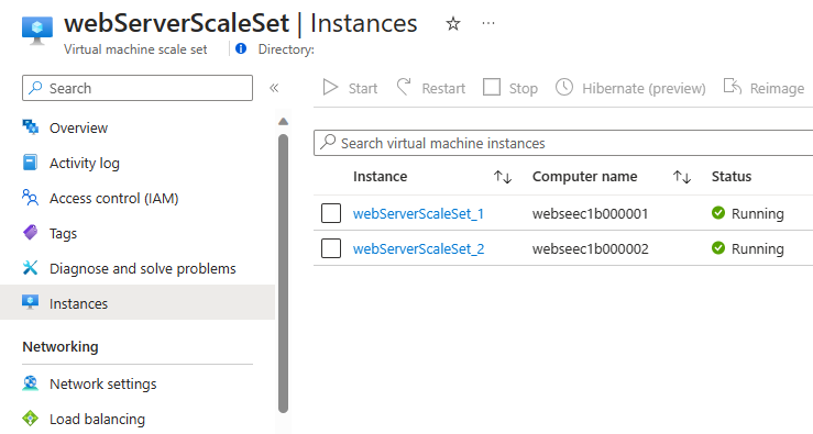 Snímek obrazovky webu Azure Portal zobrazující instance škálovací sady virtuálních počítačů