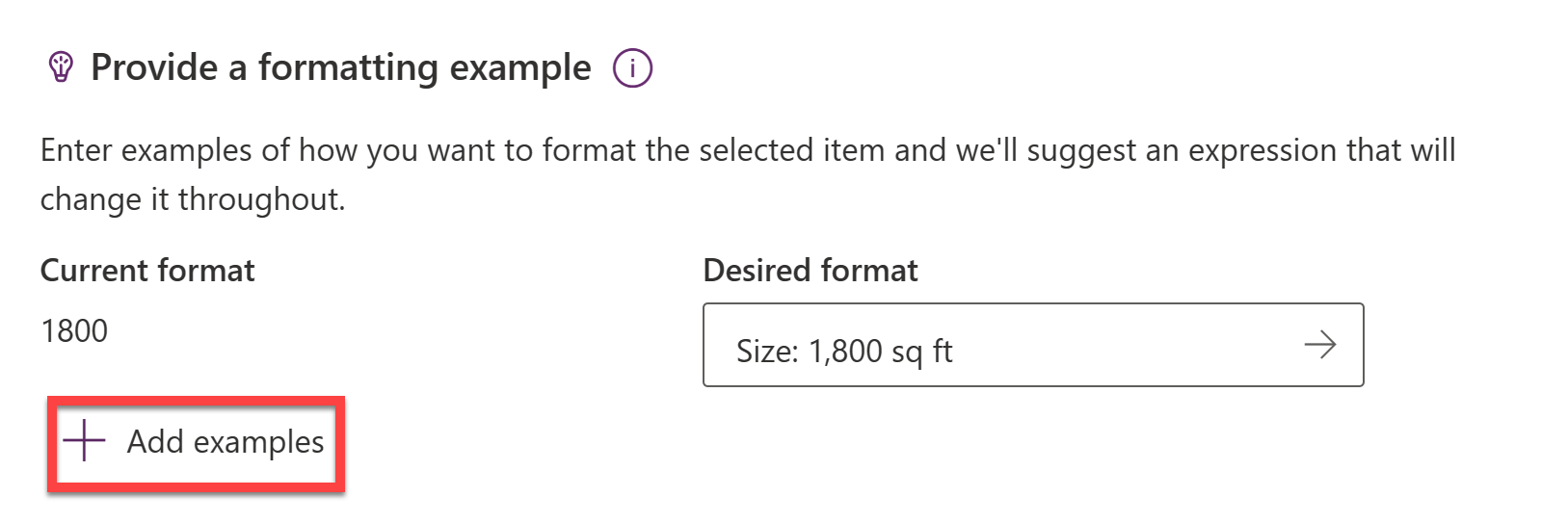 Screenshot of the Add examples button inside Power Apps Ideas.