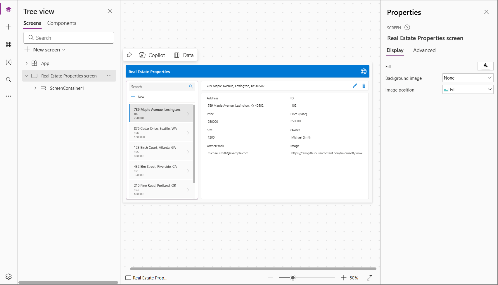 Screenshot of the generated app in Power Apps Studio.