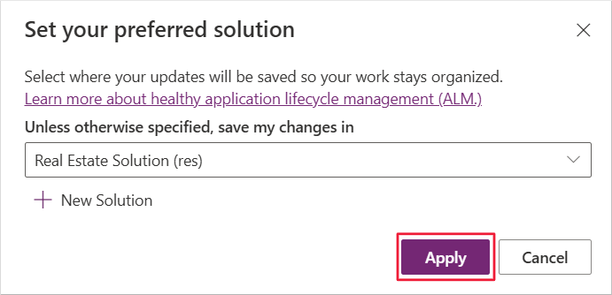 Screenshot of the New solution dialog box.
