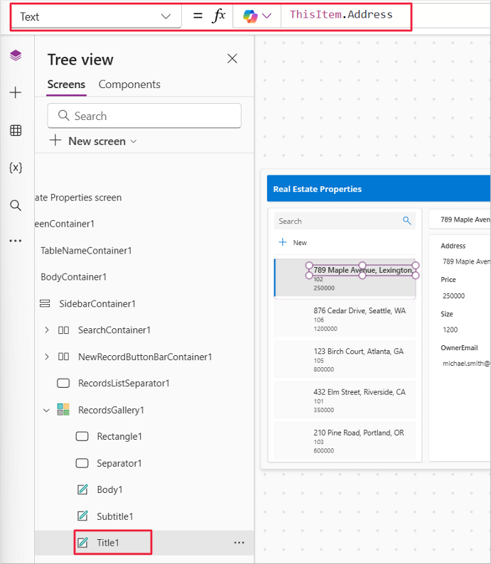 Screenshot of the text property in the formula bar.