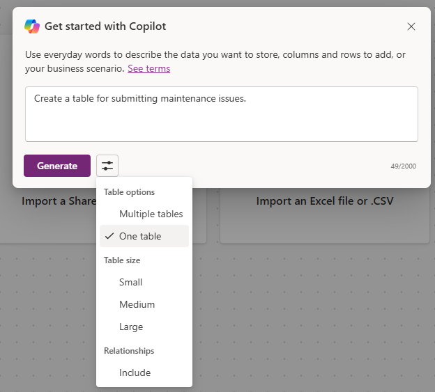 Screenshot showing entering a description to create and app.