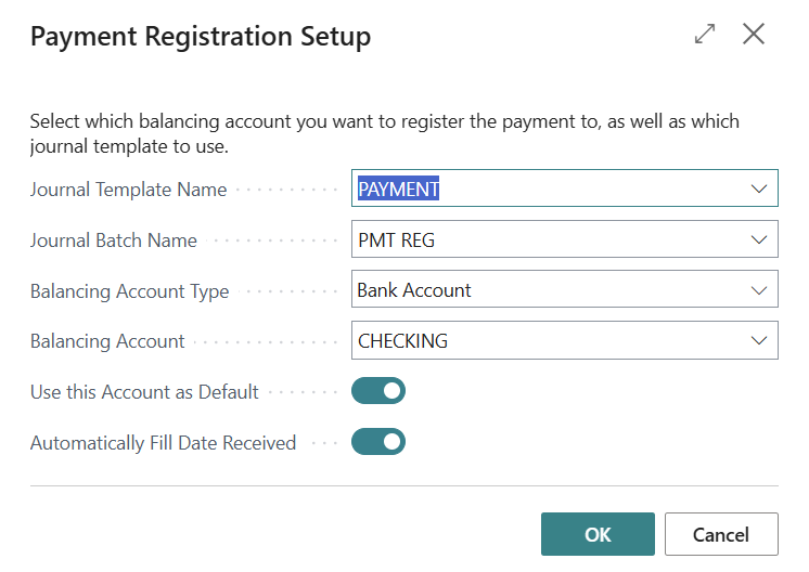 Screenshot of the Payment Registration Setup page.