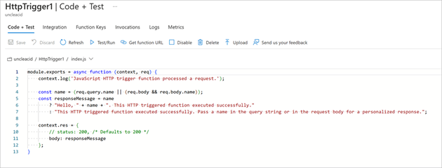 Snímek obrazovky s podoknem Kód a test zobrazující výchozí kód šablony funkce triggeru HTTP