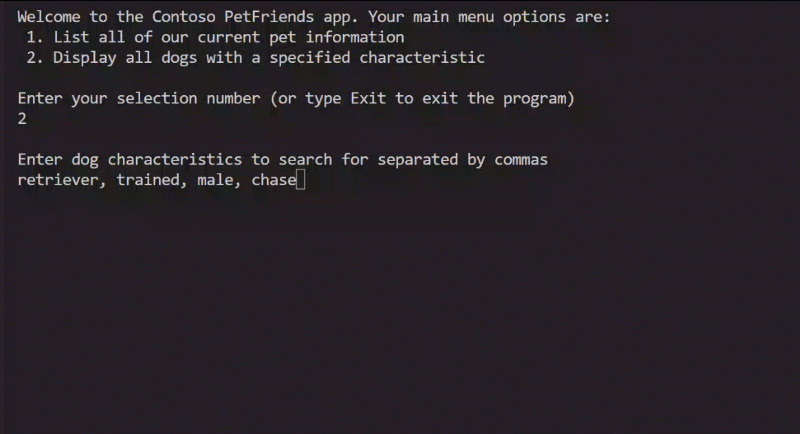 Animovaný snímek obrazovky s příkladem aplikace, která hledá popisy psa se čtyřmi odeslanými termíny uživatele