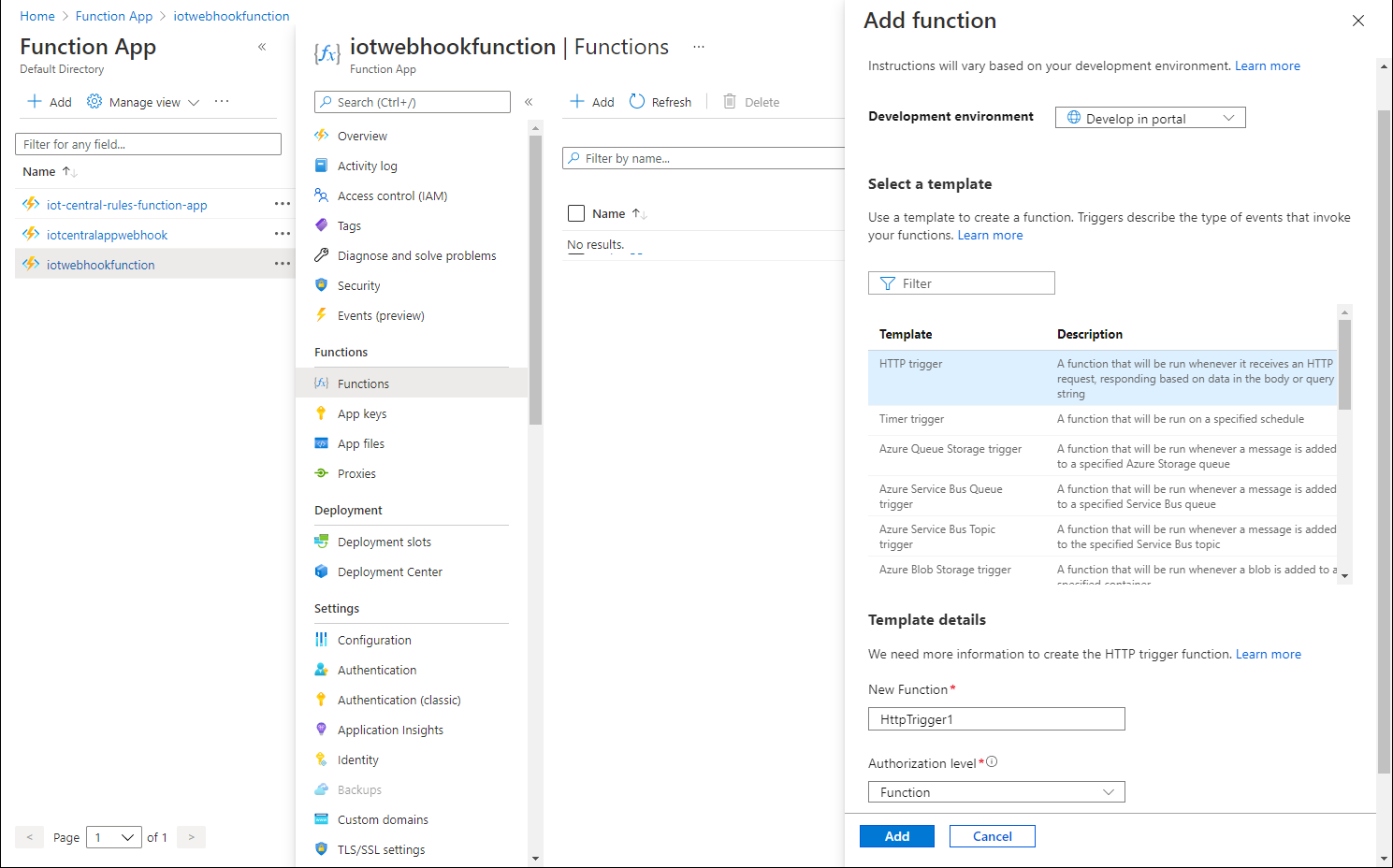 Screenshot of the 'Add function' pane of the Azure Function app in the Azure portal.