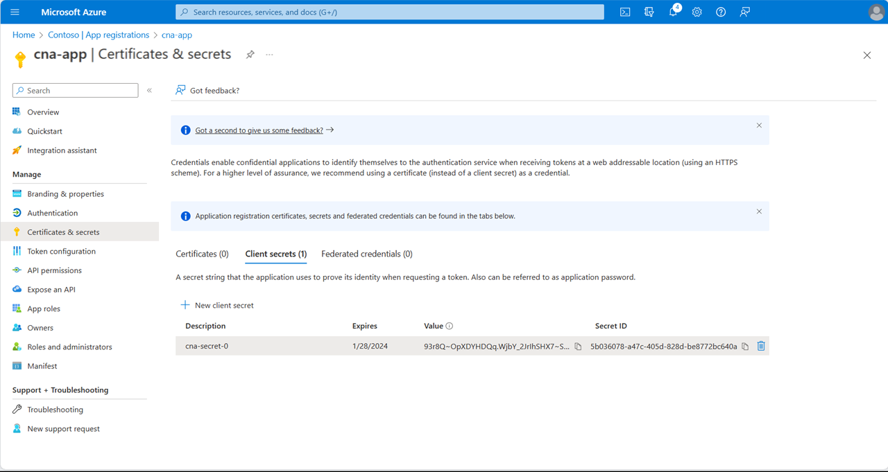 Screenshot of the value of the client secret on the cna-app Certificates & secrets blade in the Azure portal.