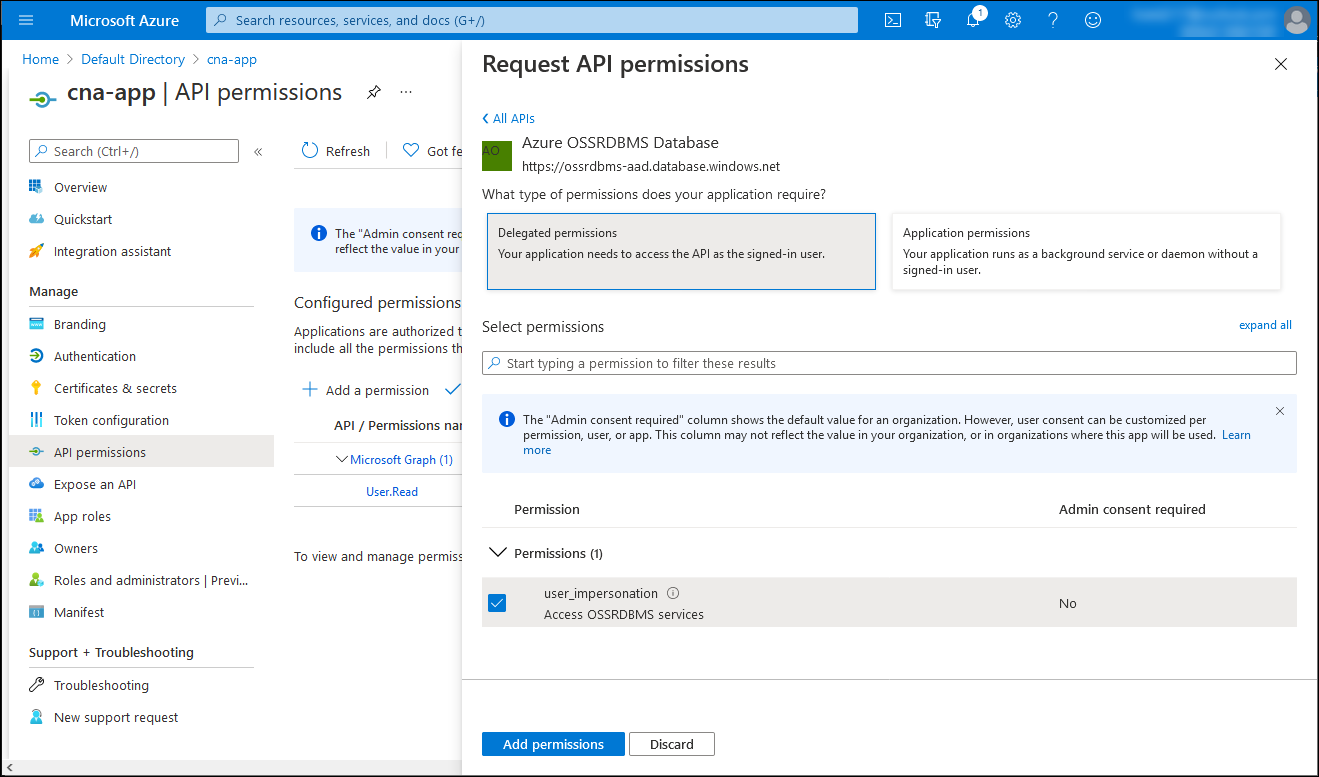 Snímek obrazovky s oknem Vyžádat oprávnění rozhraní API v Azure Portal s vybranou možností Delegovaná oprávnění