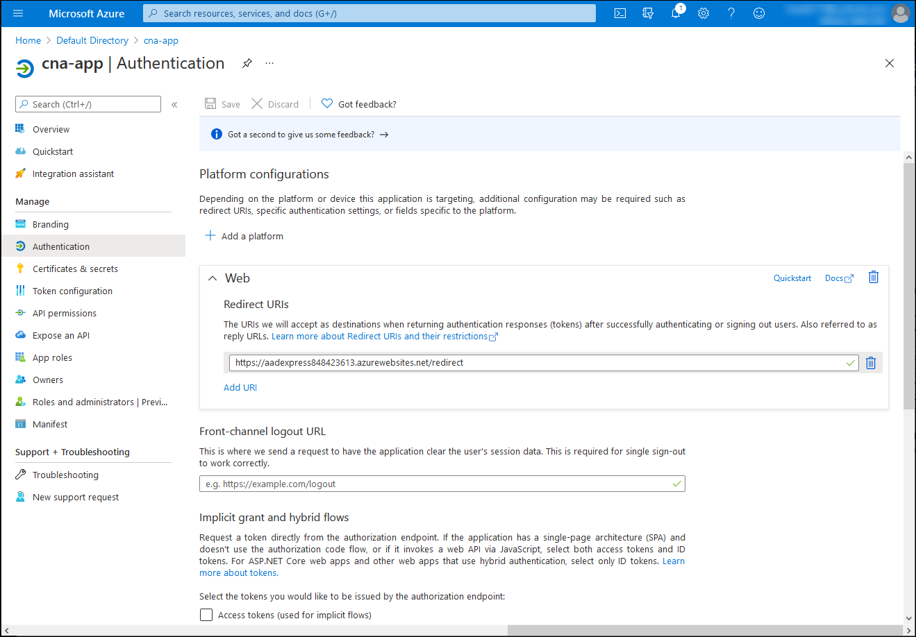 Snímek obrazovky s oknem Ověřování aplikací v Azure Portal