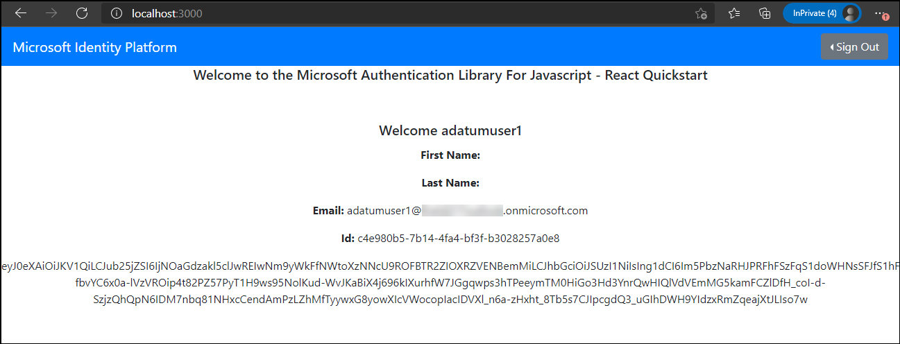 Screenshot of the Welcome to the Microsoft Authentication Library For JavaScript - React Quickstart page with the adatumuser1 profile information.