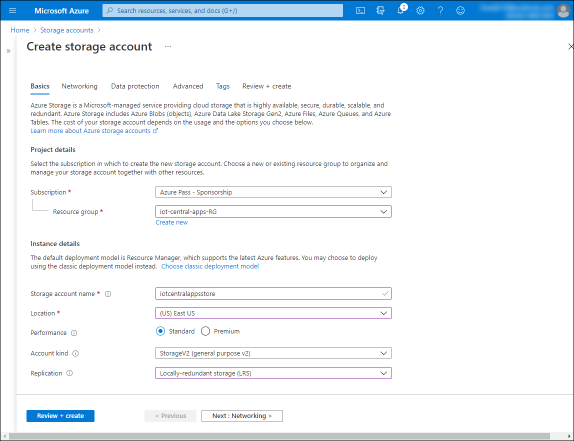 Screenshot of the Azure portal, Create storage account blade, Basics tab.
