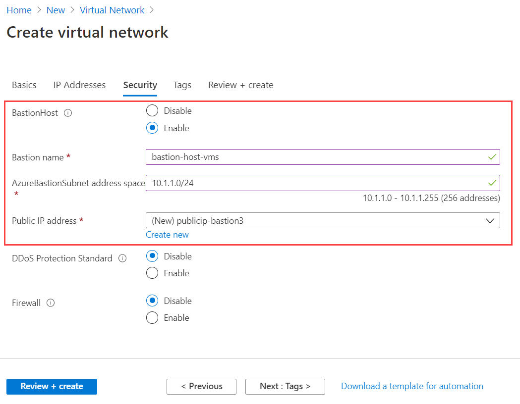 Screenshot of the Security tab that allows you to enable and configure the Azure Bastion host in the workflow for creating a virtual network.