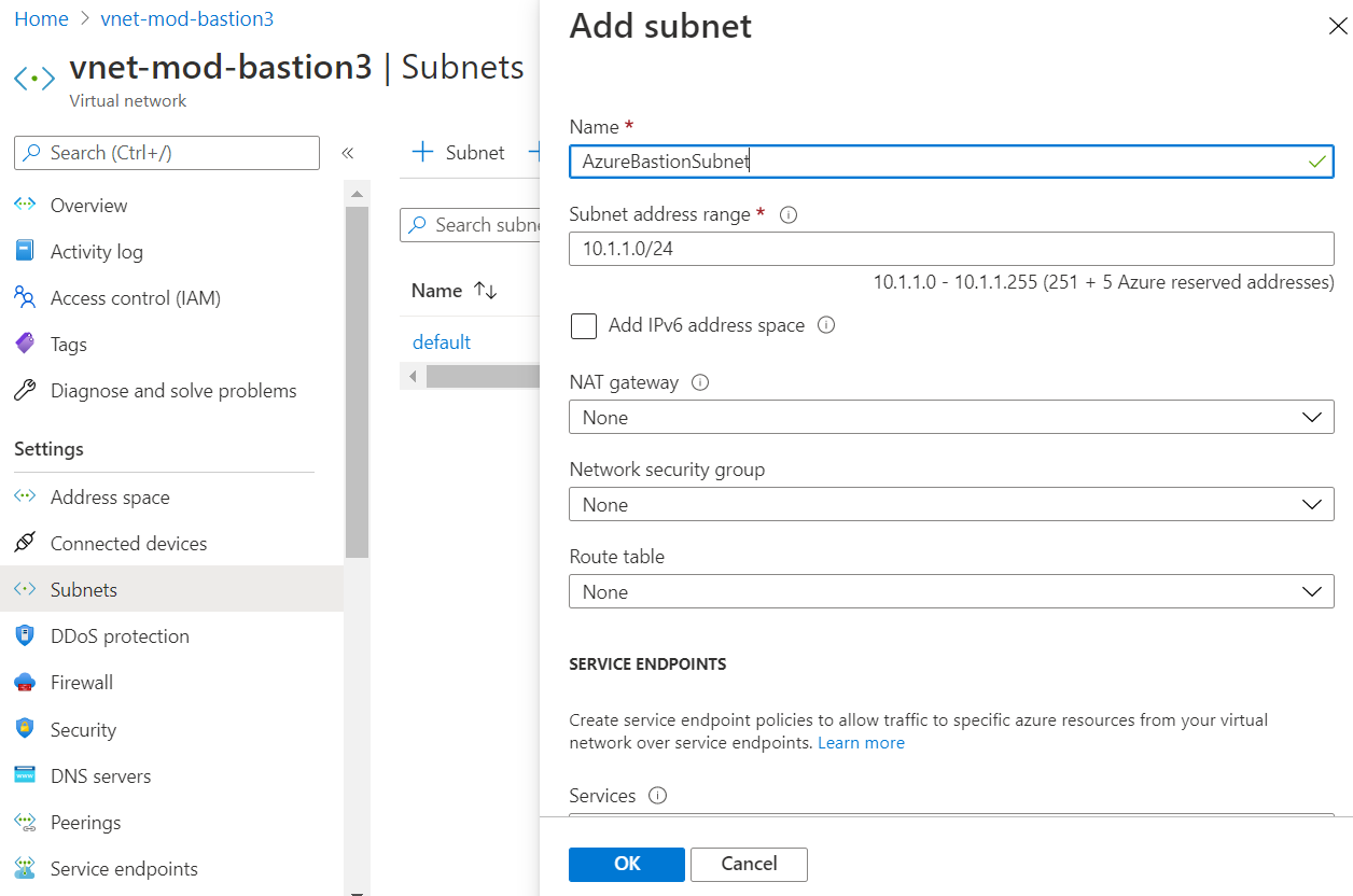 Screenshot of the page for adding a subnet, where the subnet name is AzureBastionSubnet.